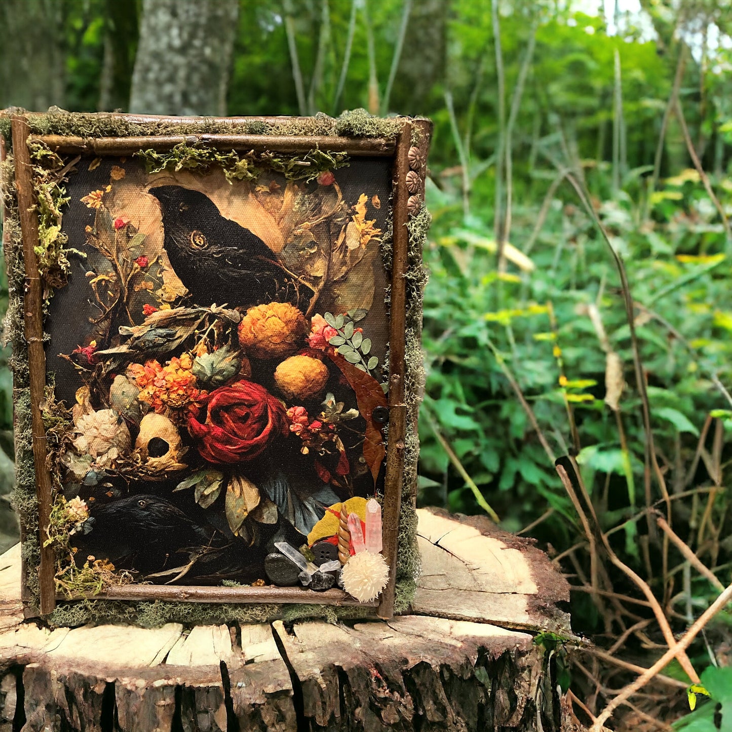 Crow Wood/Moss/Crystal Dark Academia OOAK Artwork