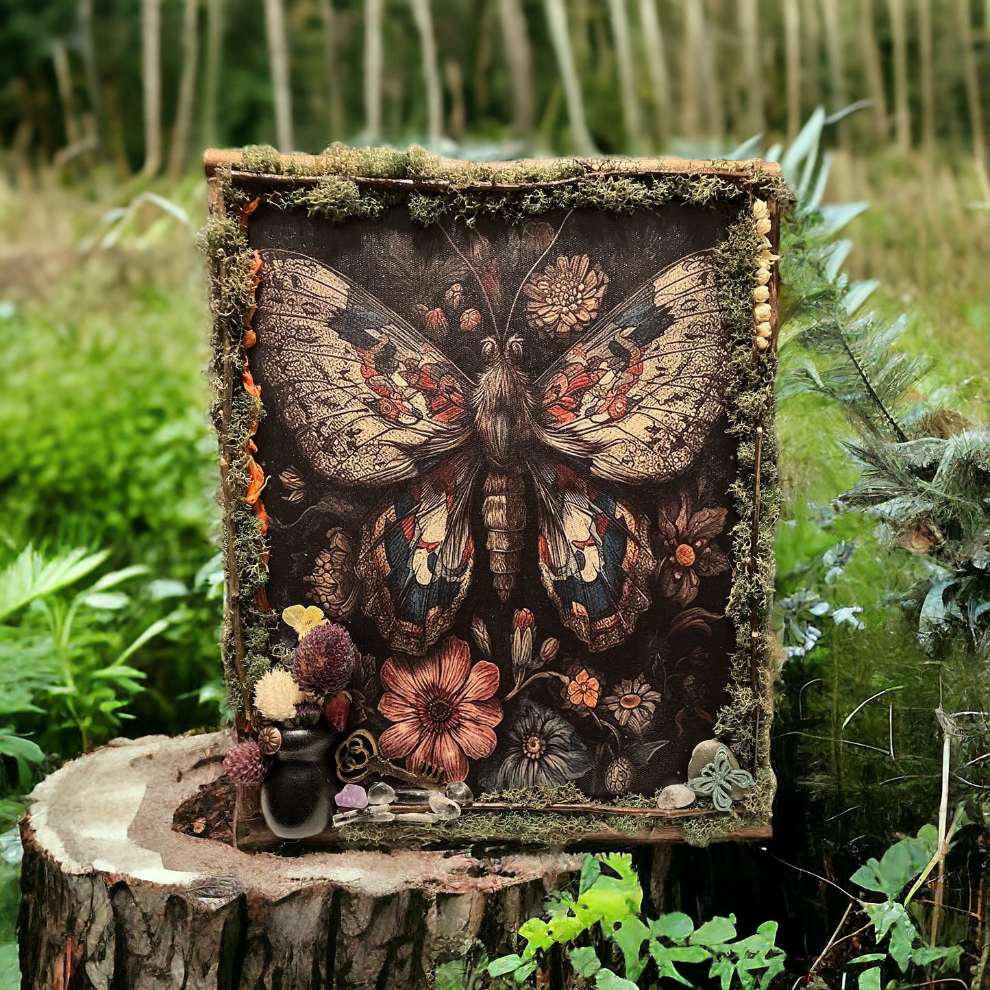 Butterfly Wood/Moss/Crystal Dark Academia OOAK Artwork